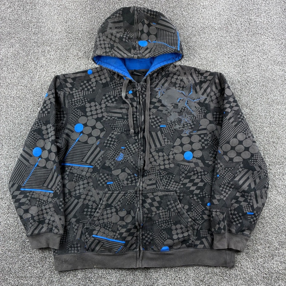 Vintage Y2k Hybrid Skull Hoodie Men XL Black Geometric Skull Star Zip Sweatshirt